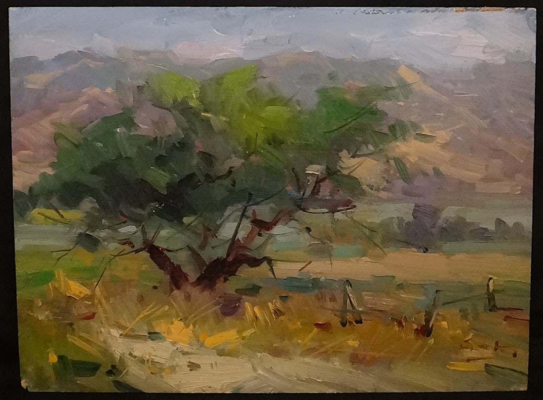 Guido Frick Impressionist oil painting: Farmland w/large tree: Guido Frick (1947- ) noted CA & German artist Impressionist oil painting on Artist Board. Signed lower right. Features a large Tree in a field, broken fence, large hills in background. Circa 1980's/20