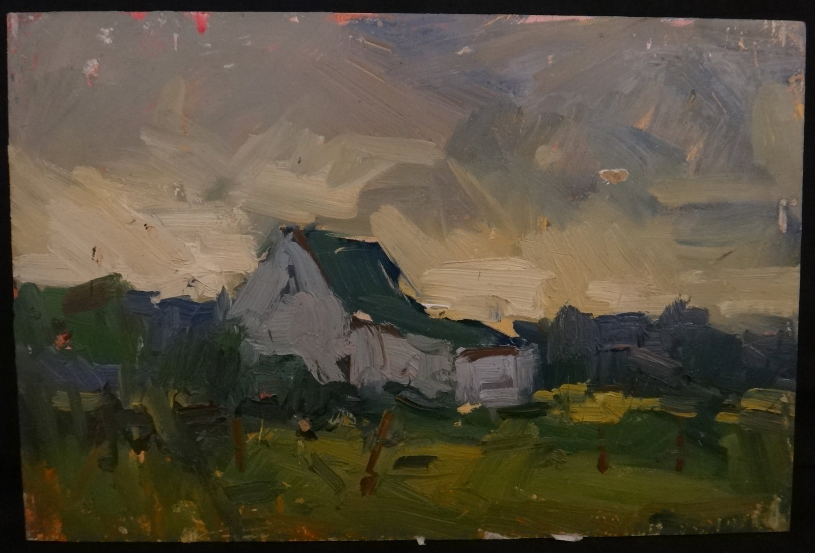 Guido Frick Impressionist oil painting: White Barn: Guido Frick (1947- ) noted CA & German artist Impressionist oil painting on Artist Board. No title. Features a large white barn on farm area. Circa 1980's/2010. 8" x 12". This artwork is from a collec