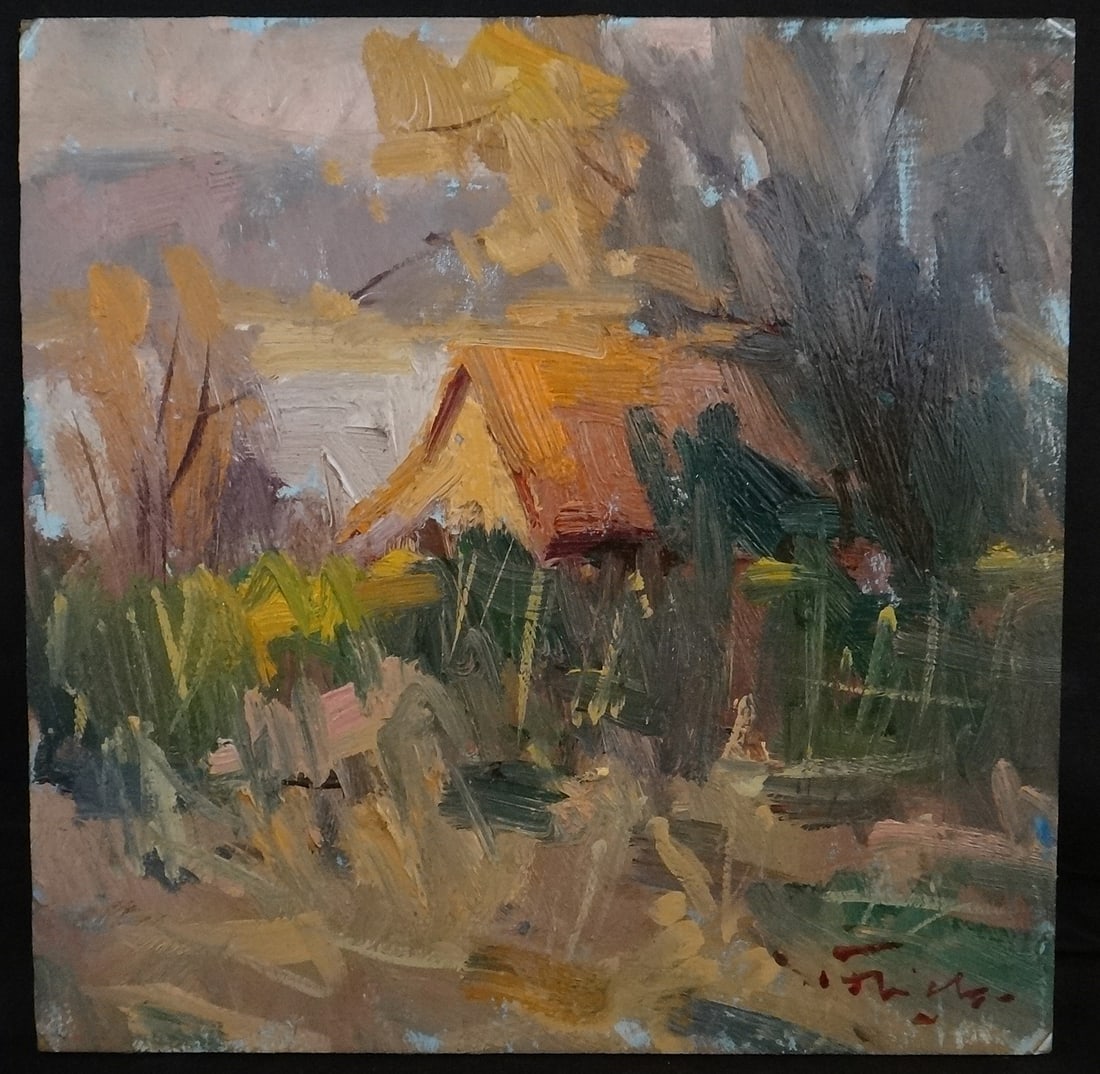 Guido Frick Impressionist oil painting: Farmhouse on a Lake: Guido Frick (1947- ) noted CA & German artist Impressionist oil painting on Artist Board. Titled on back: “Farmhouse on Lake”. Signed lower right. Circa 1980's/2010. 8” x 8". This artwor