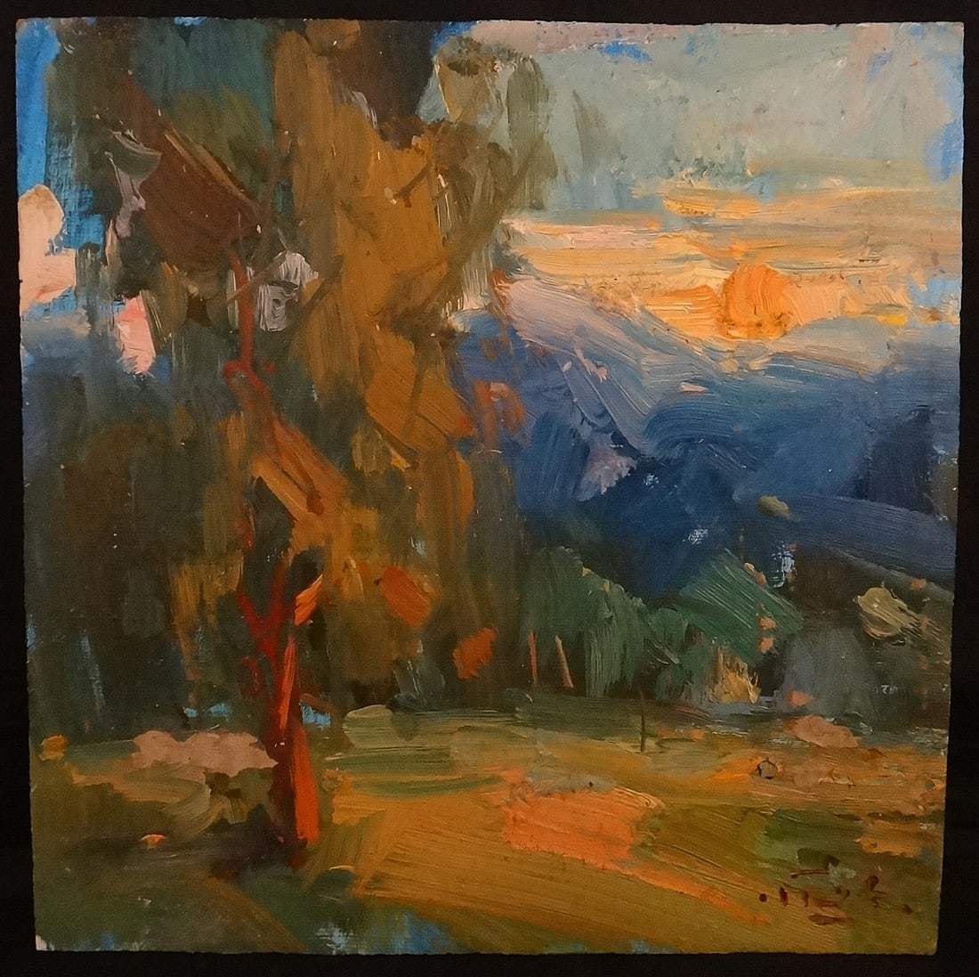 Guido Frick Impressionist oil painting: Countryside /Sunset: Guido Frick (1947- ) noted CA & German artist Impressionist oil painting on Artist Board. Signed lower right. Features a large tree in a countryside with mountains and sunset in the distance. Circa 19