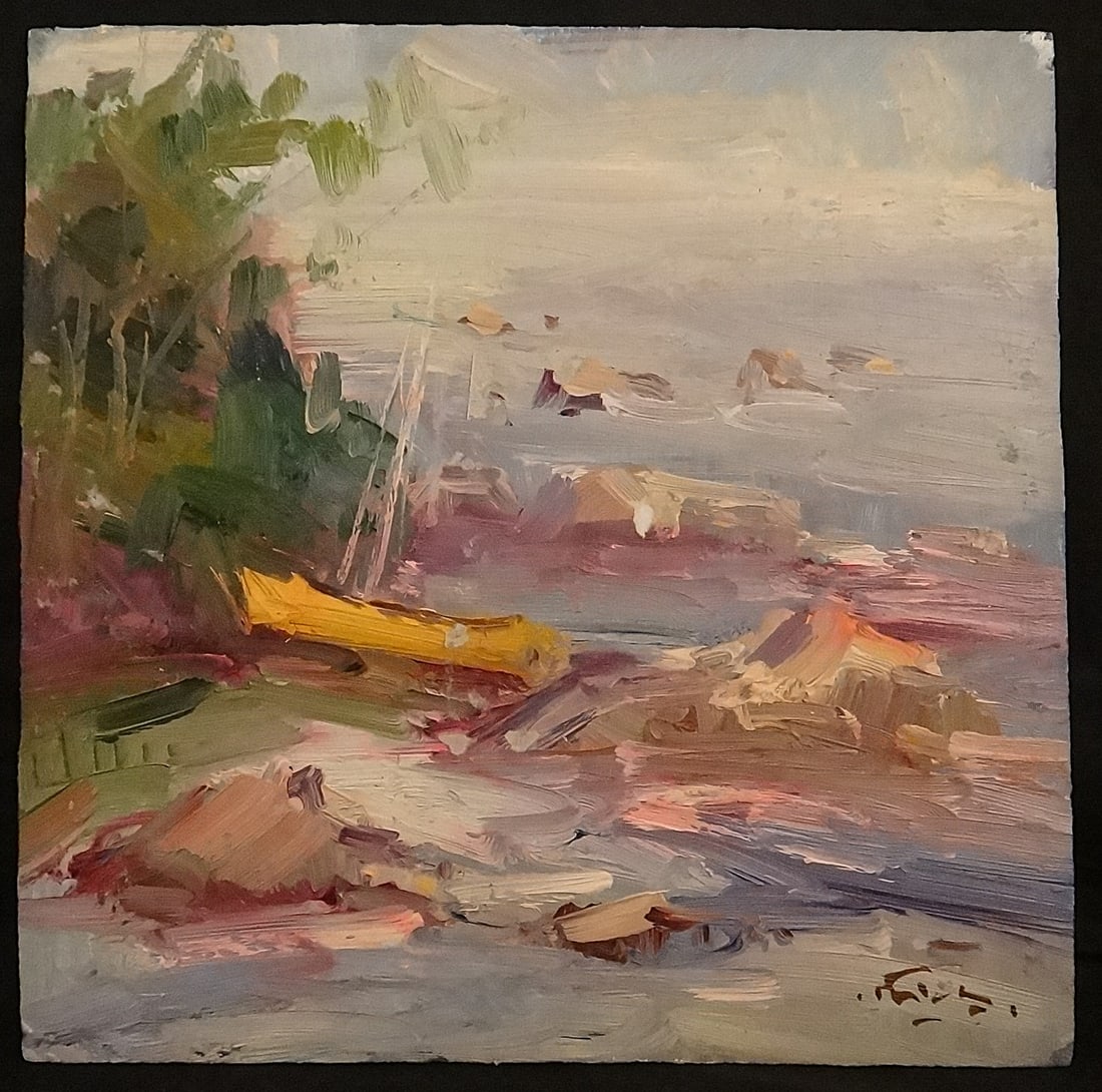 Guido Frick Impressionist oil painting: Sailboat/Rocky Shore (1 of 3)