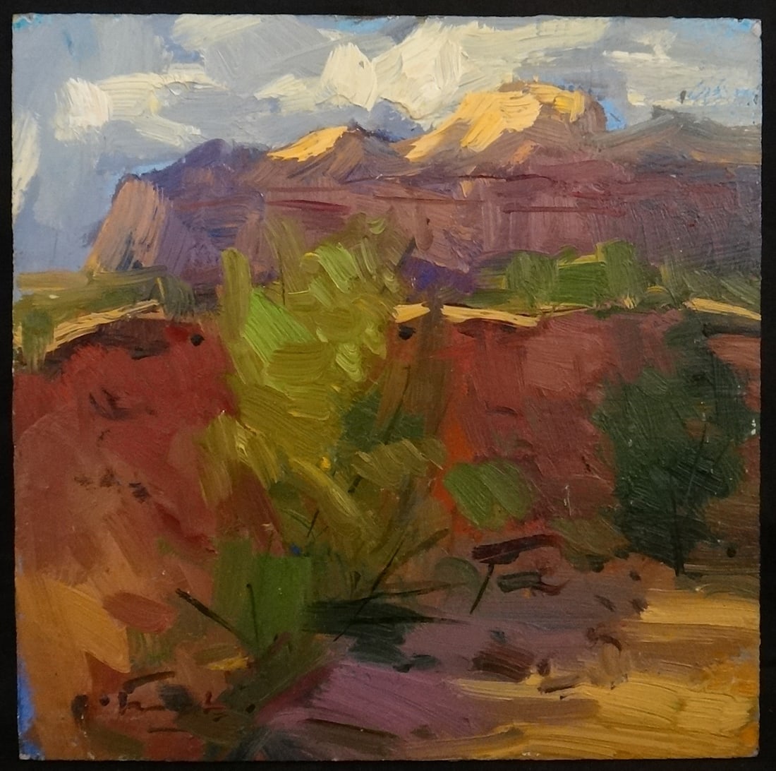 Guido Frick Impressionist oil painting: Southwest Scene: Guido Frick (1947- ) noted CA & German artist Impressionist oil painting on Masonite, untitled. Wonderful Southwest Scene with Rocky Mountains in the background along with cloudy sky’s. Circa 1980's