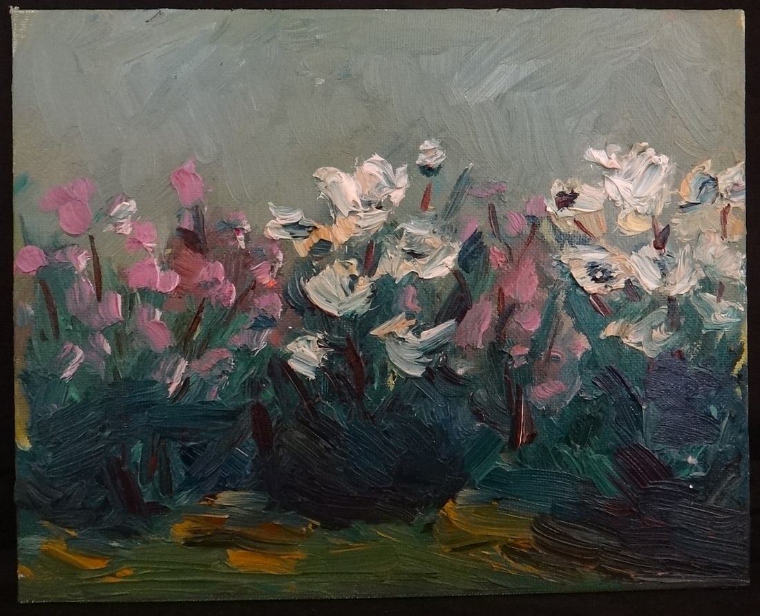 Guido Frick Impressionist oil painting: Flowers: Guido Frick (1947- ) noted CA & German artist Impressionist oil painting on Canvas Panel untitled. Wonderful multicolored flowers. Circa 1980's/2010. 8” x 10". This artwork is from a collection