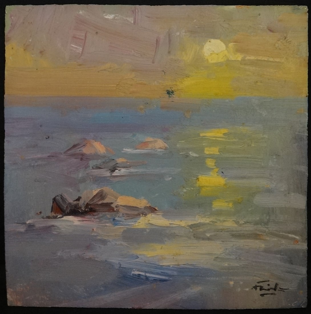 Guido Frick Impressionist oil painting: Sunset/Costal: Guido Frick (1947- ) noted CA & German artist Impressionist oil painting on Artist Board. Signed lower right. Sunset over rocky water. Circa 1980's/2010. 8” x 8". This artwork is from a