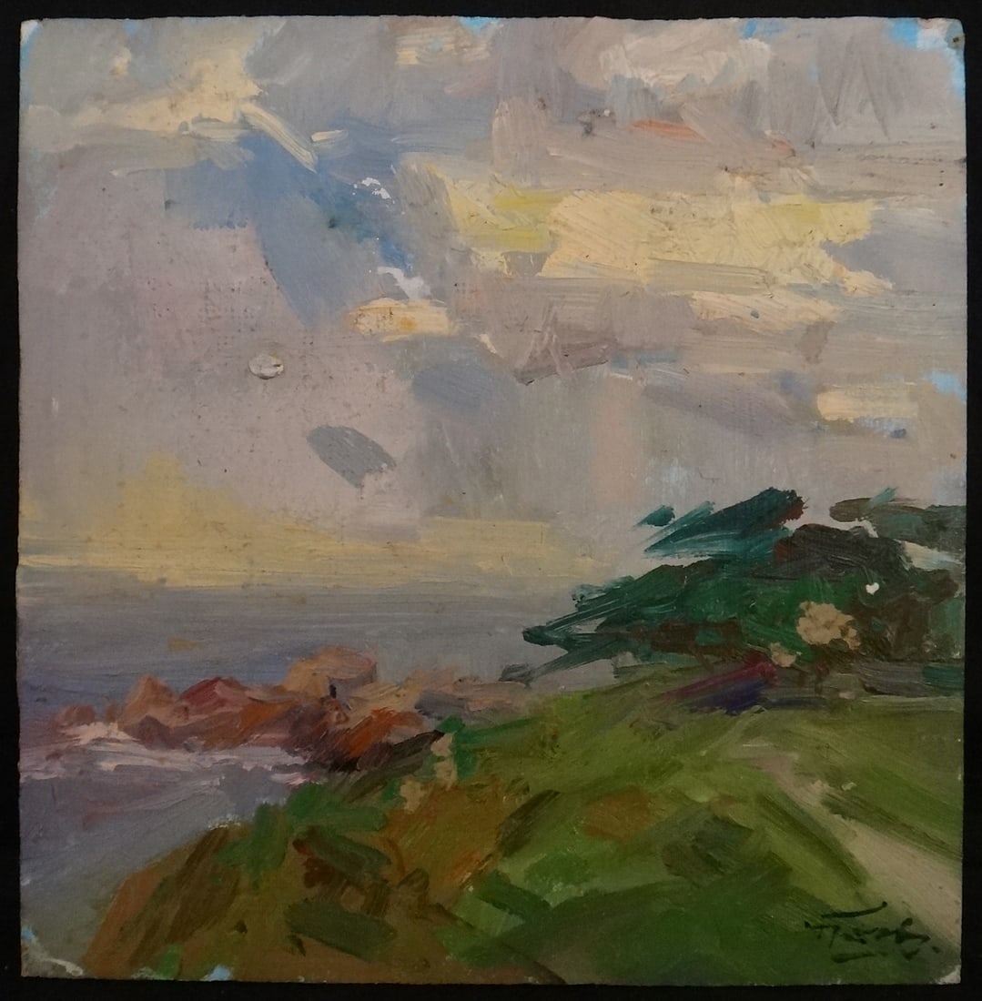Guido Frick Impressionist oil painting: Costal: Guido Frick (1947- ) noted CA & German artist Impressionist oil painting on Artist Board. Signed lower right. Shore scene with tree, rocks, ocean. Circa 1980's/2010. 8” x 8". This artwork is fro