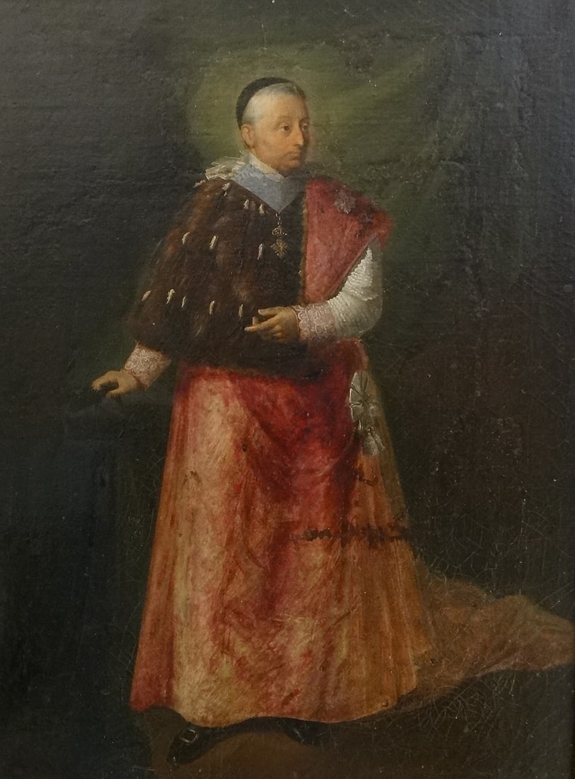 18th c. Spanish Oil of an Arch-Bishop or Cardinal w/ cape: 18th cent. Spanish Oil on Canvas of an Arch-Bishop or Cardinal with ermine trimmed cape wearing 2 medals with interesting pose. 20” x 14” painting size. 28” x 23” gold-leaf car