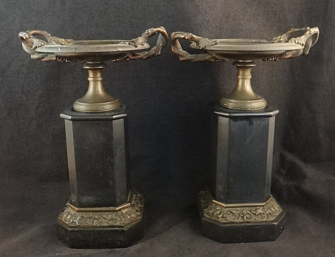Pr. Italian “Grand Tour?? Roman Revival Bronze & Marble Tazza’s.: Pair of Italian “Grand Tour” Roman Revival Bronze & Black Marble Tazza’s. 19th cent. Measure 9 ¾” & 9 7/8” tall, base is 4 1/8” dia.