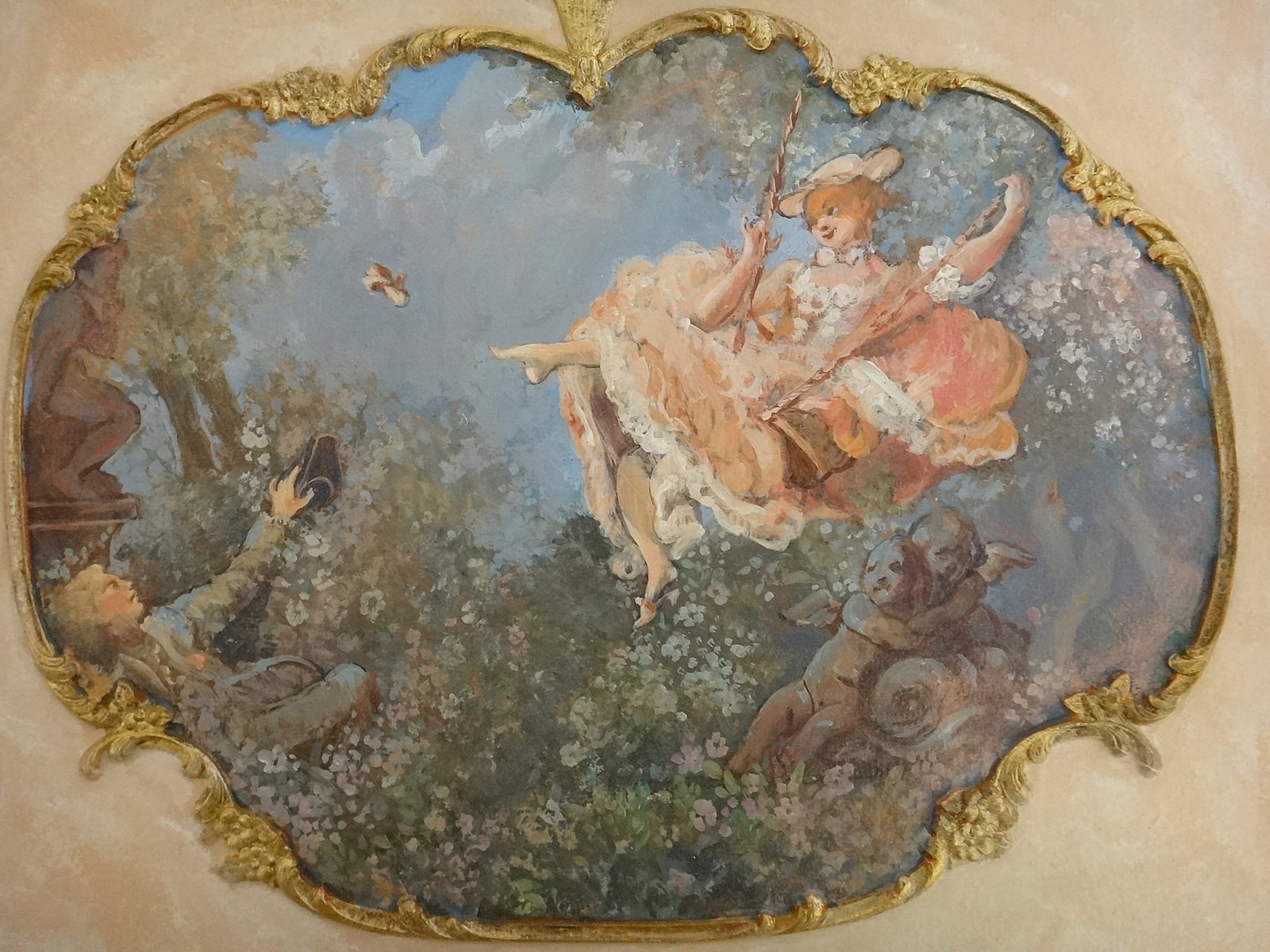 Old French Oil on Board Painting. Woman on Swing, After Boucher. 20th C.: Old French Oil on Board Painting. Features a fancy dressed woman flinging her shoe off while on a swing with a male on the ground. Also 3 naked putti in shadows. After Boucher. 20th C. Painting shown 
