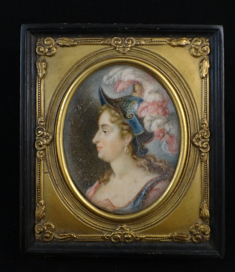 19th C. French Miniature Painting of Athena: 19th C. French Miniature Painting of Athena, Goddess of Wisdom & Reason, wearing a Feather Plumed Helmet. Exceptional quality and detail. Painting size - 2 3/8” x 1 7/8”. Artist signed
