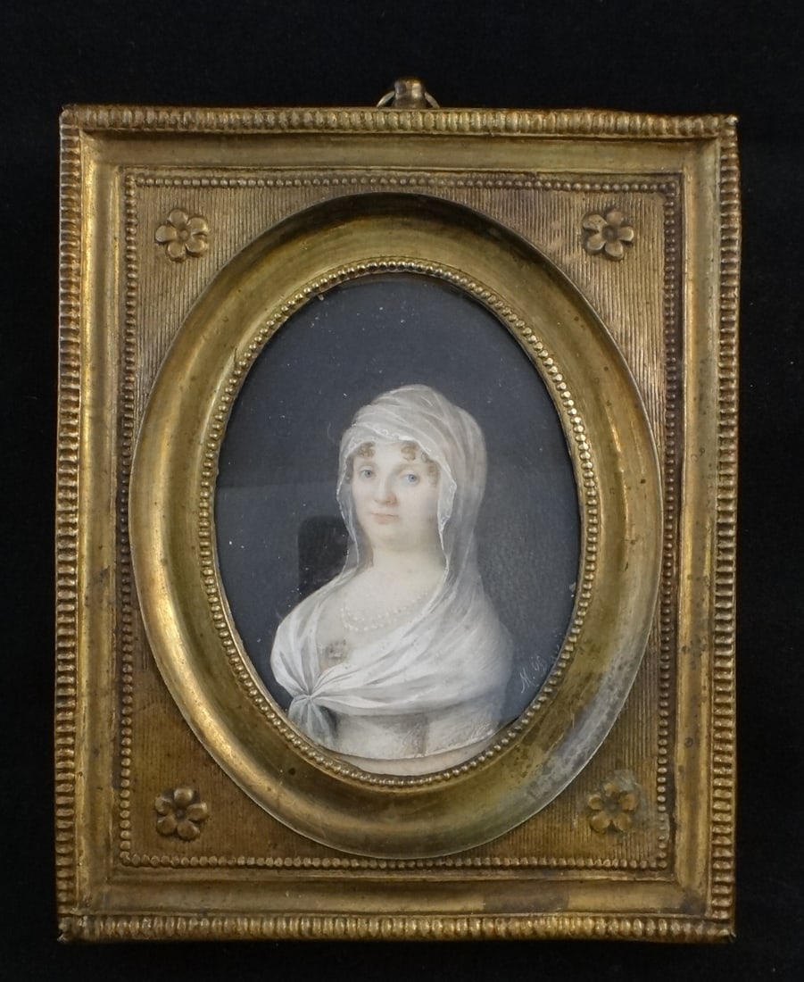 19th C. Miniature Painting of a Beautiful Blue Eyed Woman: Early 19th C. Miniature Painting of a Beautiful Blue Eyed Woman with White Lace Hair Cover. She is wearing a double strand of natural pearls. She sat for this portrait which was typical for the era. P