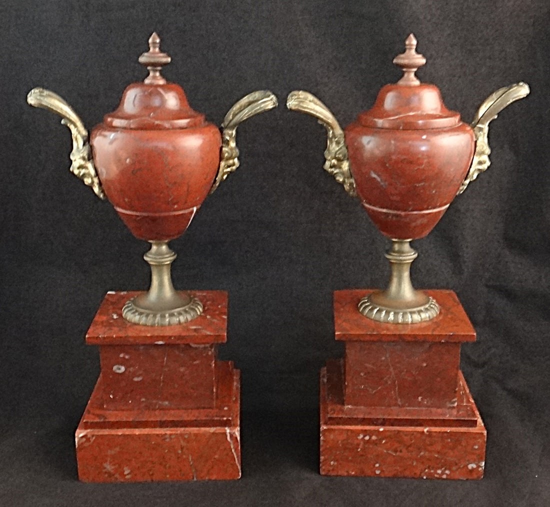 Pr. Antique French Napoleon III Empire Period Red Marble Urns (1 of 12)