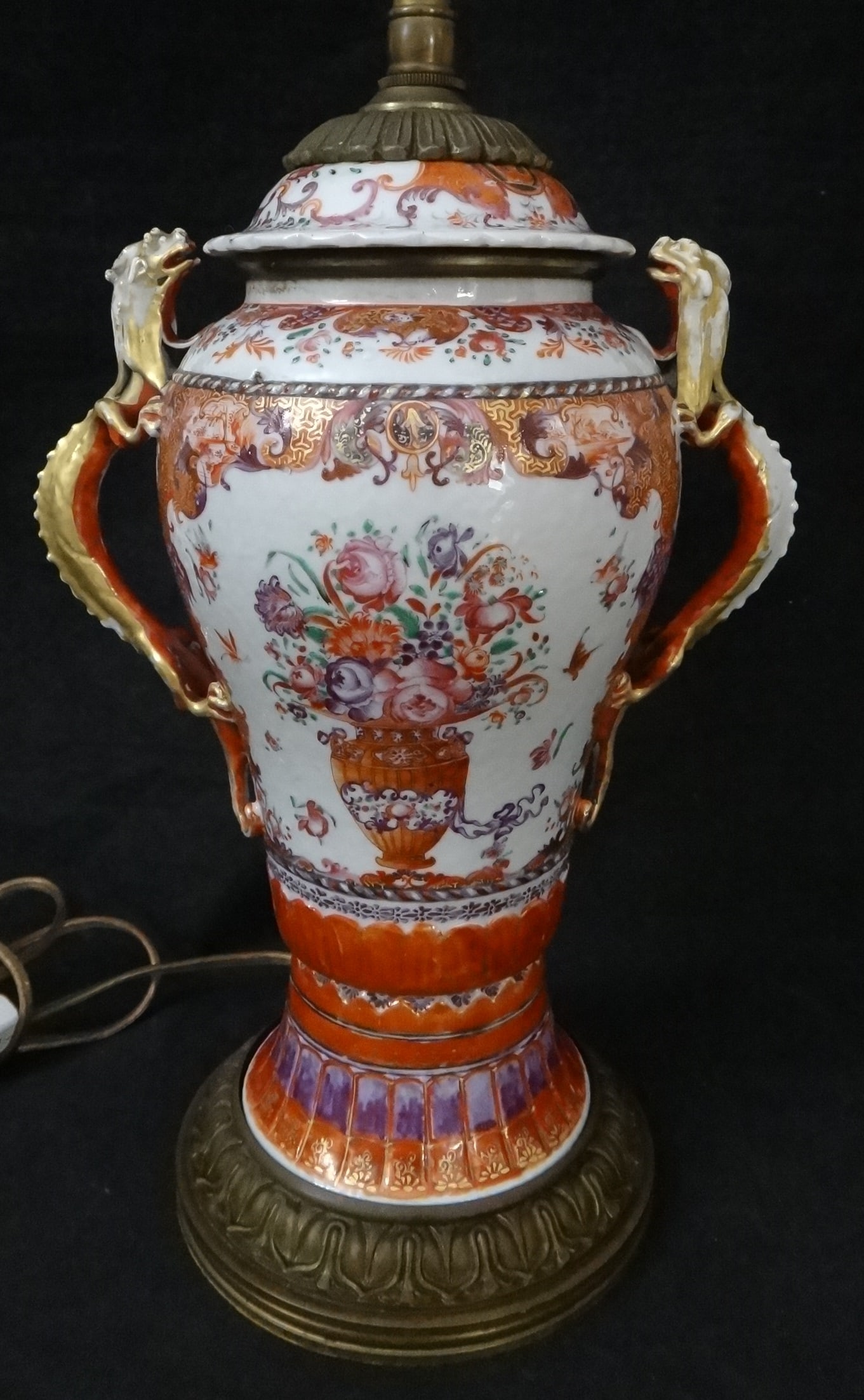 18thc. Chinese Quanlong Vase/Lamp in Mandarin Rose pattern: Rare 18th cent. Chinese Quanlong Mandarin Rose Pattern Vase/Lamp with Dragon handles & finely painted floral designs. Converted to a lamp in the 20th cent. Bronze or Brass base & top cap. The original