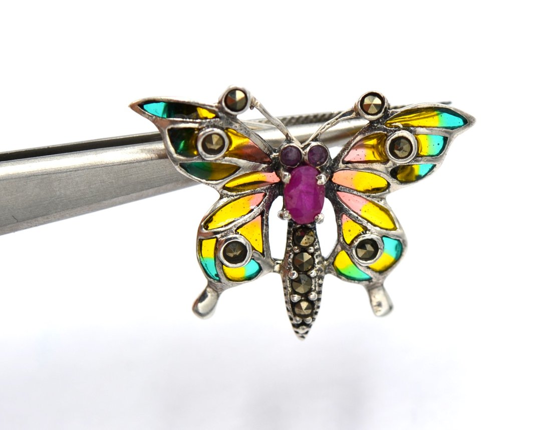 925er Silver Brooch 3.32 gramm total with Ruby, Enamel, Marcasite (1 of 4)