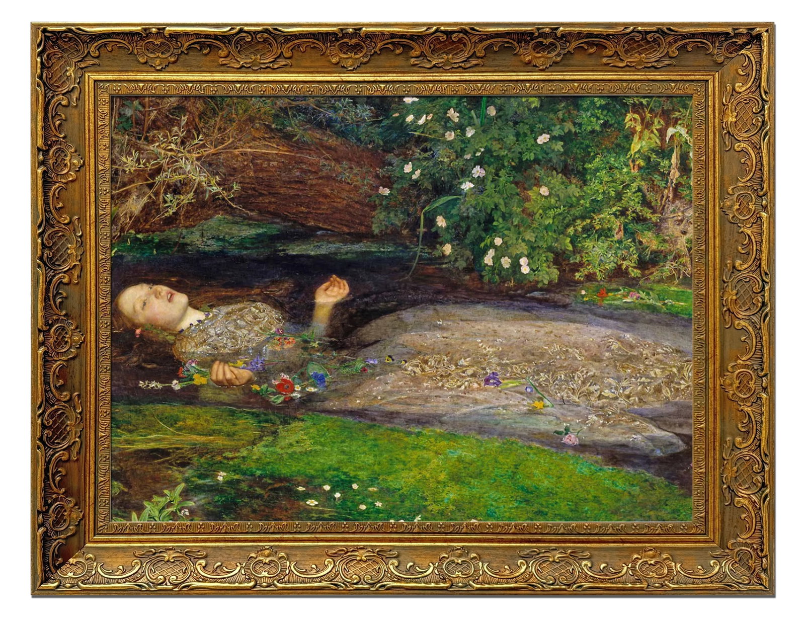 In the style of Sir John Everett Millais - Ophelia - Hand embellished canvas gicle in gold frame: In the style of Sir John Everett Millais - Ophelia Measures approx 13x18 Feel and see the details and brushstrokes by professional artists. Printed from the highest resolution image. FREE S&H (USA ONL