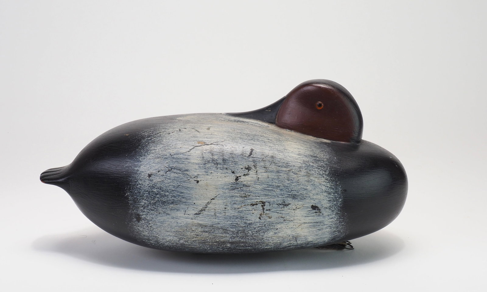 William Quinn - Preening Canvasback: William H. Quinn (1915-1969) Yardley, PA 13.5" long Plump hollow carved sleeping canvasback with the bill inlayed into the back. Carved bill details with glass eyes and carved tail feathers. Maker's
