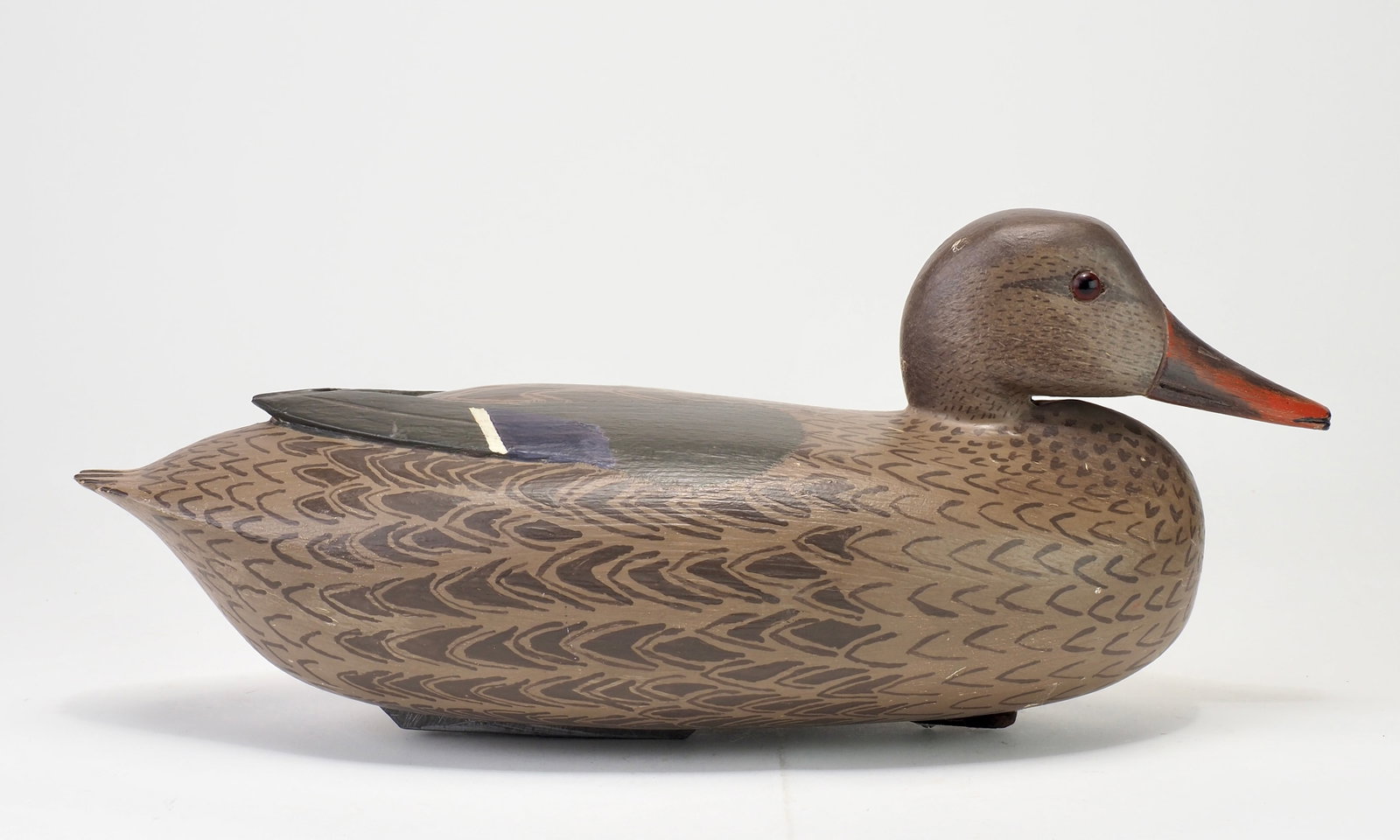 John Baker - Mallard Hen: John H. Baker (1916-2004) Edgley, PA c.1945 15.75" long Hollow carved with raised wing tips that come to a 'V' with primary feather incising. Short carved tail feathers and carved bill. Maker's name