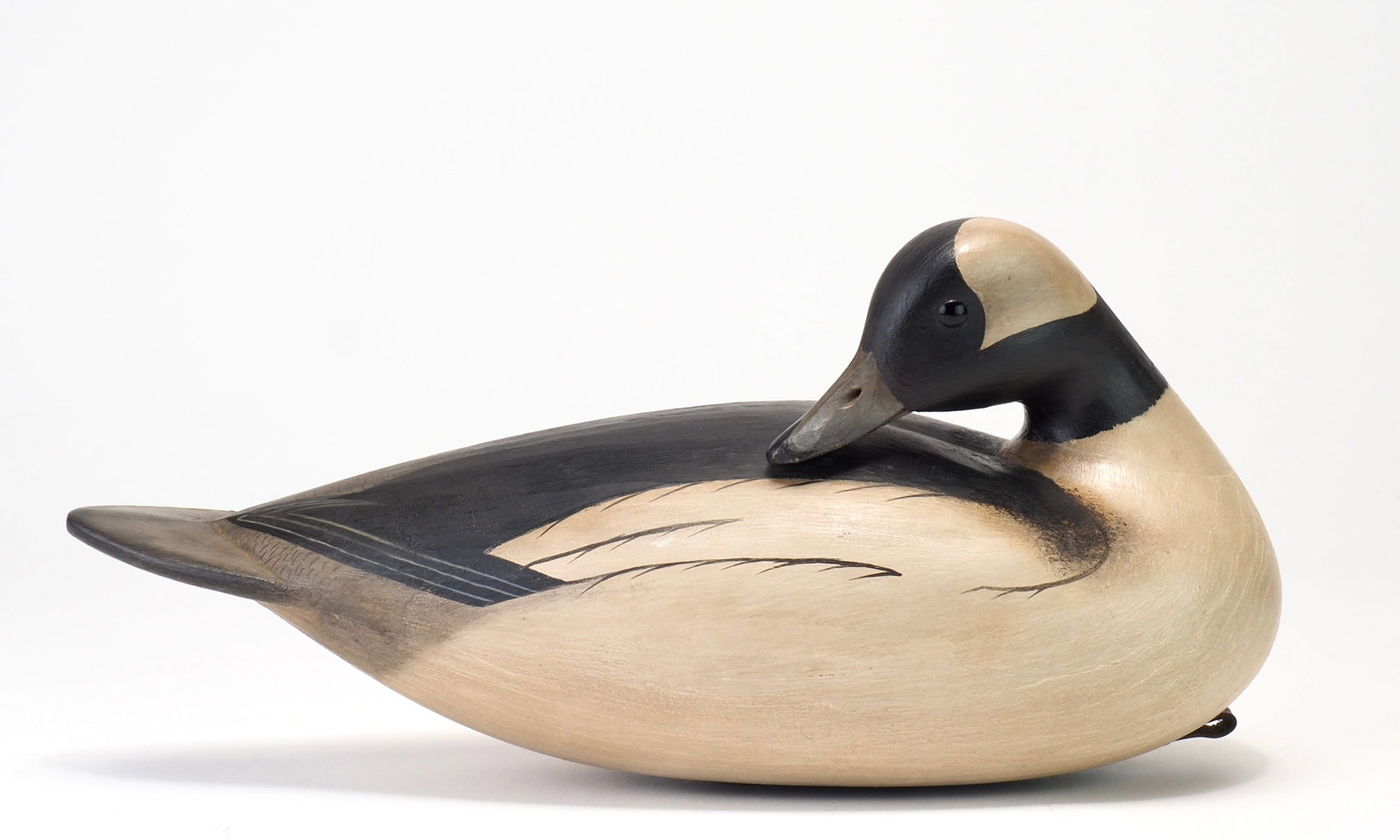 Bill Gibian - Preening Bufflehead Drake: William Gibian (b. 1946) Onancock, VA 10.75" long Preening hollow carved decoy with a spoke shave finished surface to impart dimension. Carved bill and glass eyes. Gibian carved underneath. Condition: