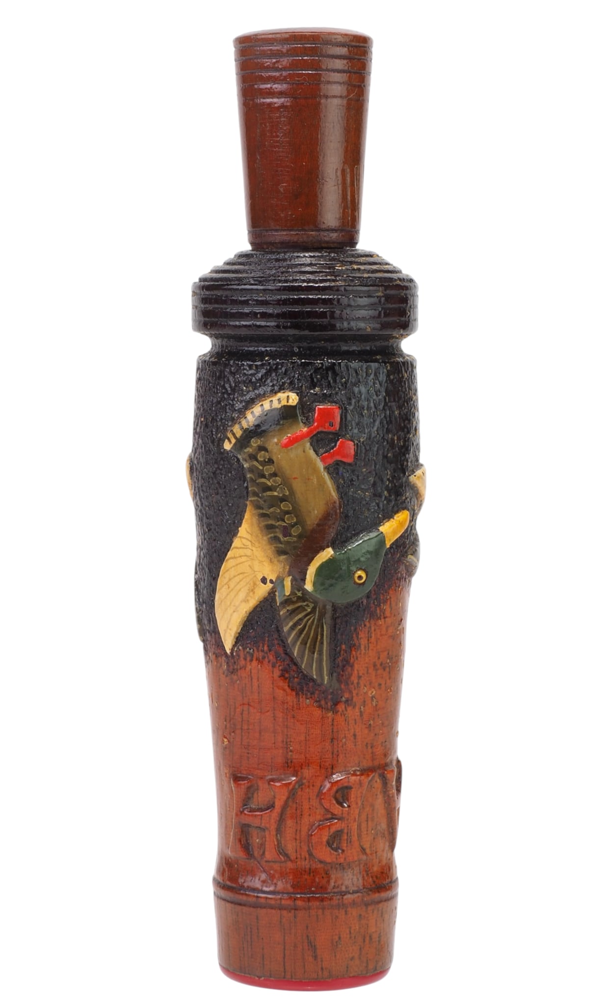 Charles Perdew - Fancy 3 Bird Duck Call: Charles H. Perdew (1874-1963) Henry, IL 6.25" long One of Perdew's premium personalized calls with three ducks and the commissioners three initials, ABH, relief carved near the mouth piece. The birds 
