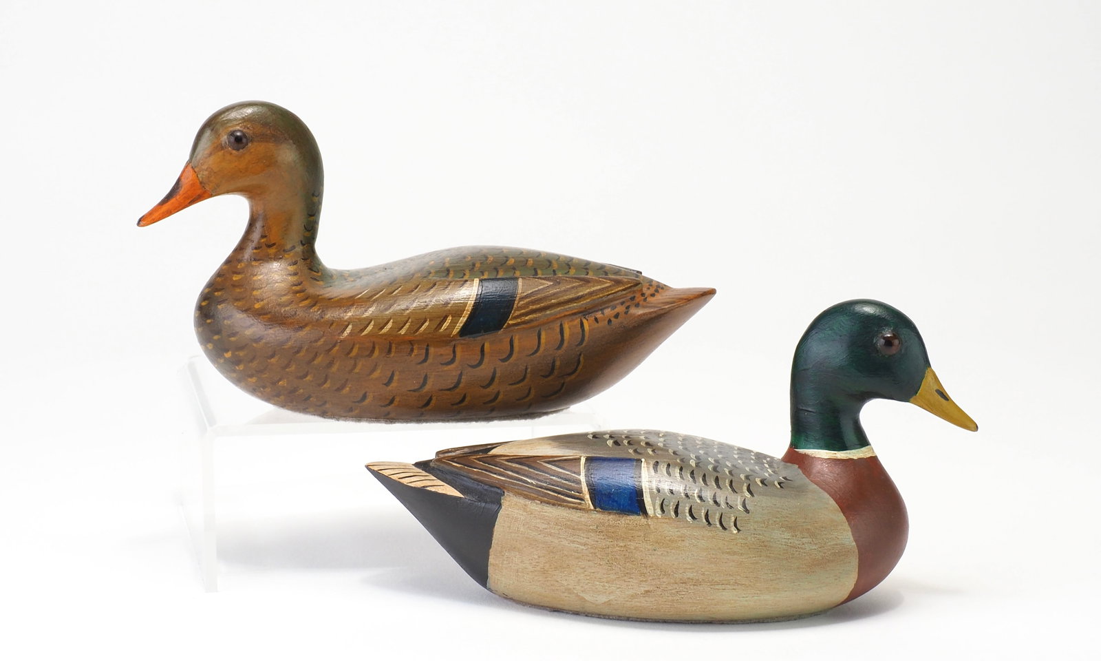 Charles Perdew - Miniature Mallard Pair: Charles H. Perdew (1874-1963) Henry, IL 4.75" long Wonderful pair of pristine miniatures with the hens head being turned just slightly more than the drakes. Both have deep relief carving where the fac