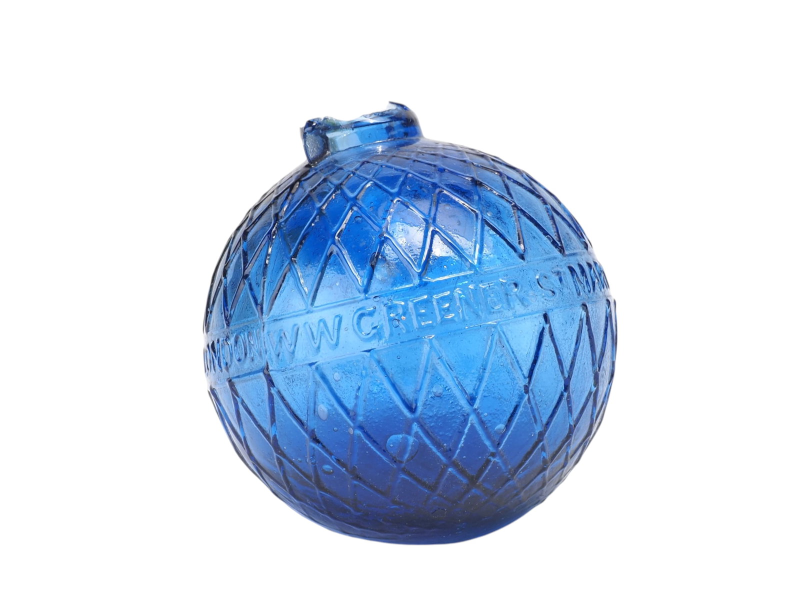 WW Greener St Marys - Blue Three Piece Glass Target Ball: W.W. Greener London roughly 2.75" wide, three piece with checkered patterning in the glass. Banner around the middle reads WW GREENER ST MARYS WORKS BIRMM & 68 HAYMARKET LONDON Provenance: Mike