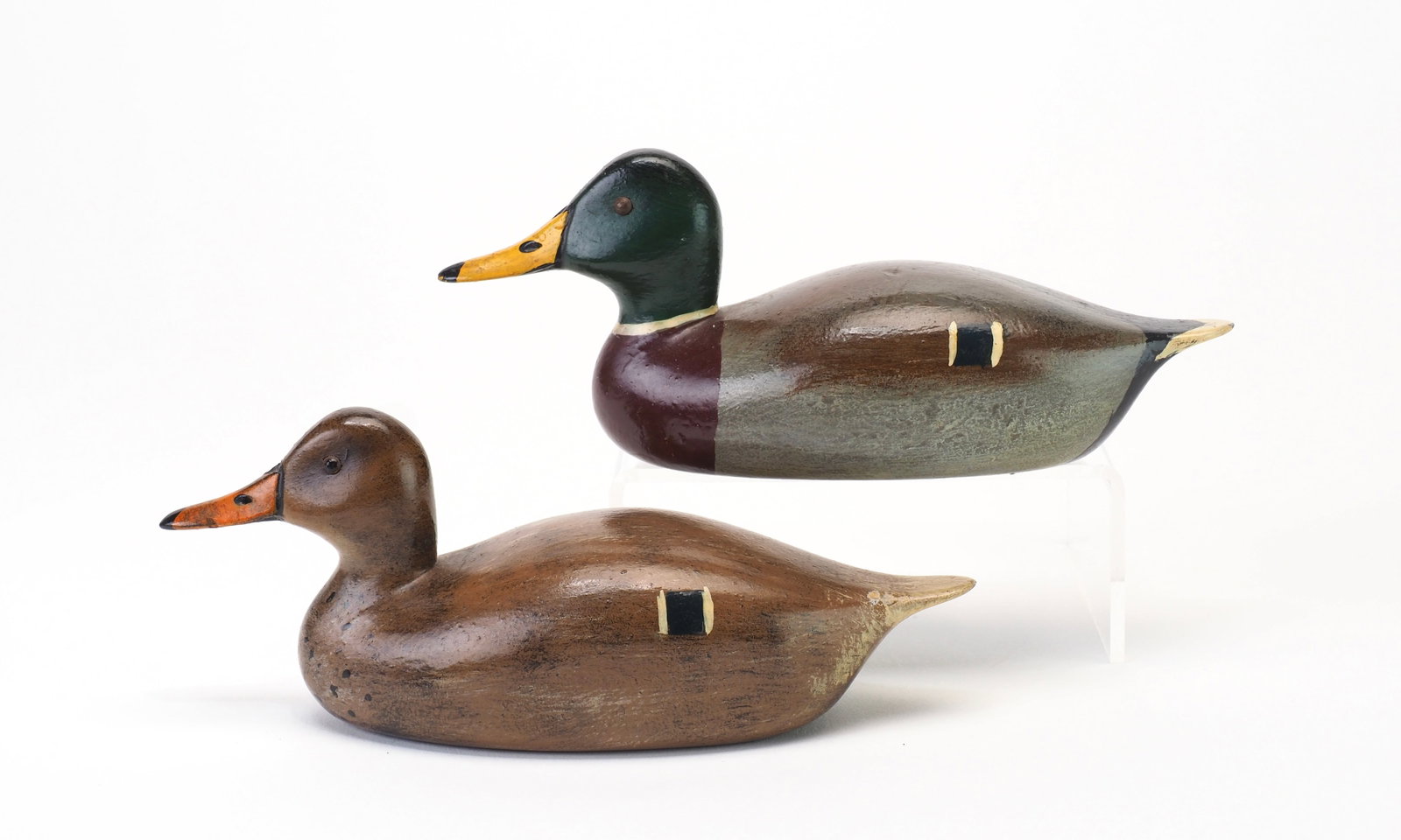 Menin "Min" Brabaw - Miniature Mallard Pair: Menin Brabaw Algonac, MI 5.25" and 5" A mid 20th century Michigan decoy carver known for traditional hunting decoys as well as half-size and miniature waterfowl. Nicely carved and finished with small 