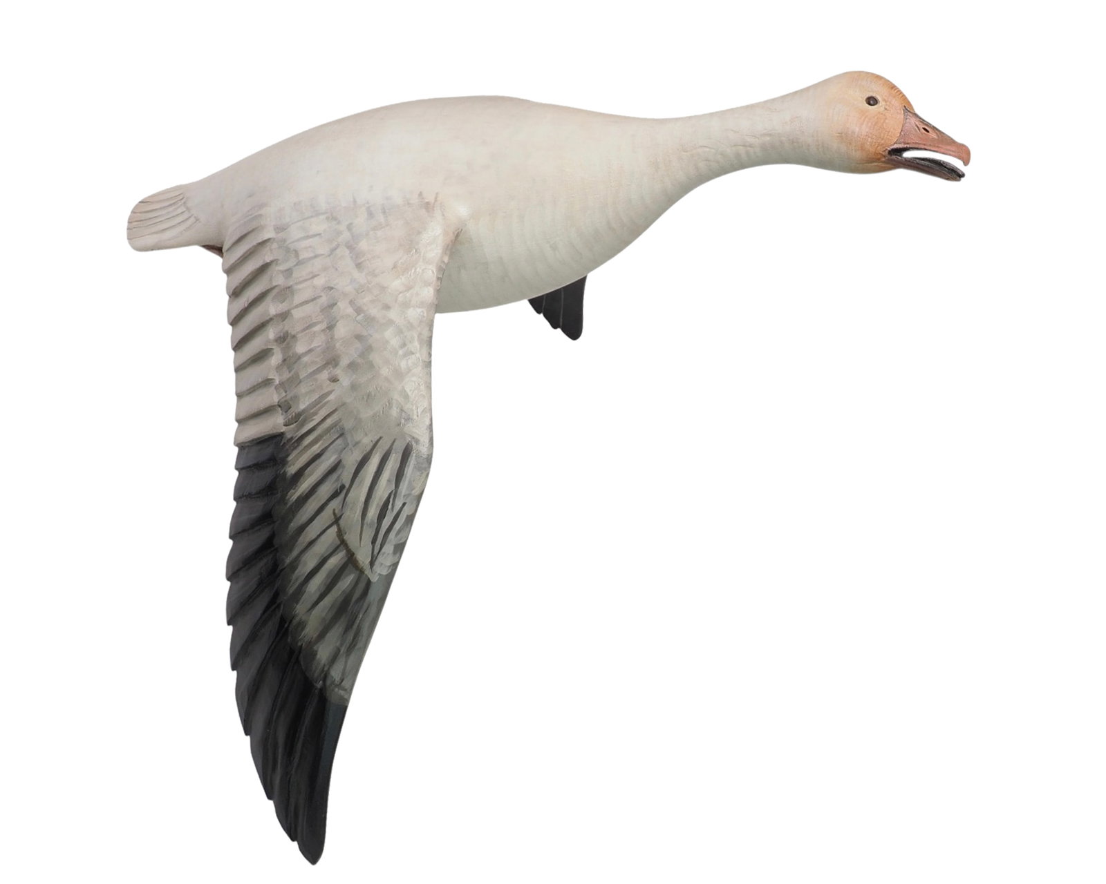 Mike Borrett - Calling Flying Snow Goose: Mike Borrett (b. 1960) Madison, WI, 2007 26.5" length | 26.5" wing tip to wing tip Magnificent wooden carved life-size flying calling Snow Goose. Carved with the added touch of a calling mouth,