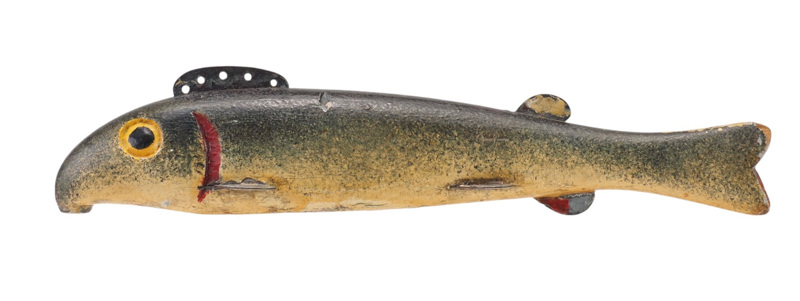 Oscar Peterson - Exceptional Carved Eye Sucker Decoy: Oscar W. Peterson (1887-1951) Cadillac, MI c.1920's 9" long | 1.125" wide | 1.625" tall Excellent large body carved eye sucker likely dating to the early 1920's. Deeply carved eyes and cut gill. The
