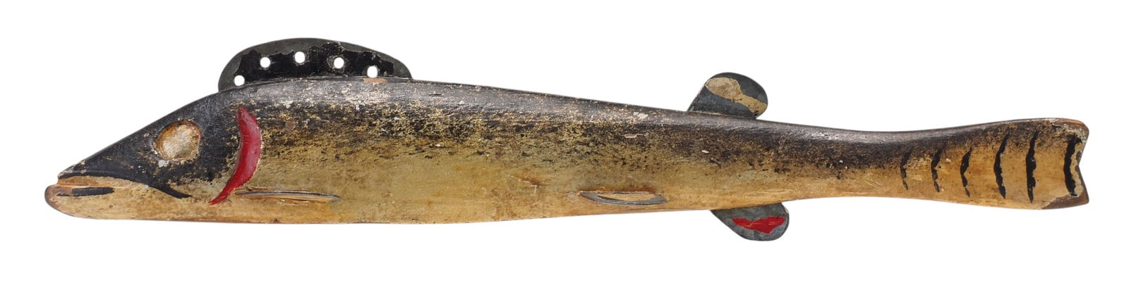 Oscar Peterson - Walleye Decoy: Oscar W. Peterson (1887-1951) Cadillac, MI c. early 1940's 7.25" long Rare species for maker with desirable deeply carved and silver painted eyes. Carved mouth with carved red painted gills. Peterson