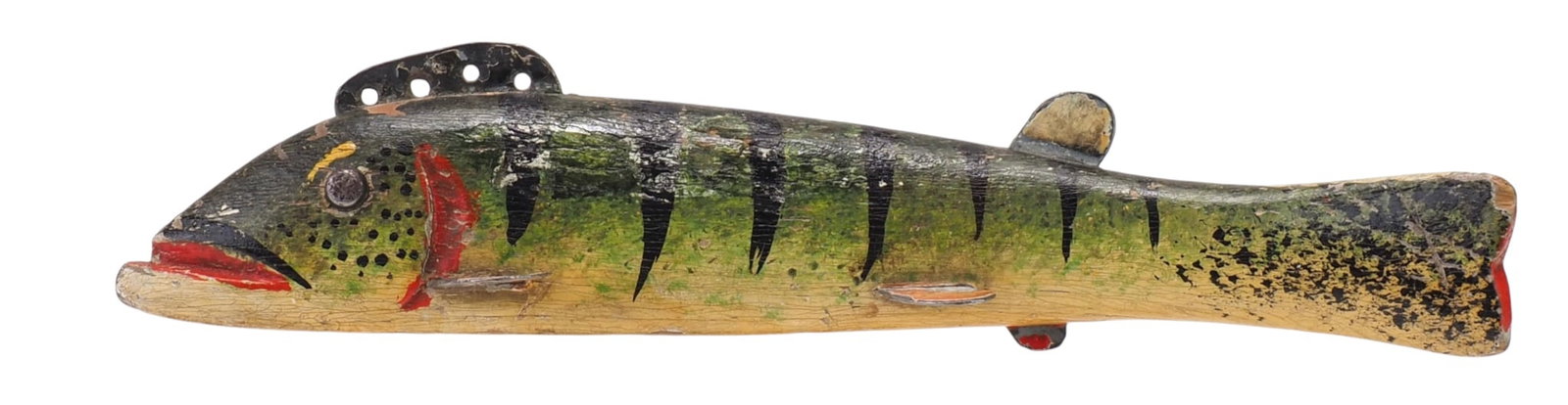 Oscar Peterson - Perch Decoy: Oscar W. Peterson (1887-1951) Cadillac, MI c.1920-30's 7" long | .75" wide Tall and wide body for the length with a deeply carved mouth and gills. Large pellet eyes with scattered black dots around