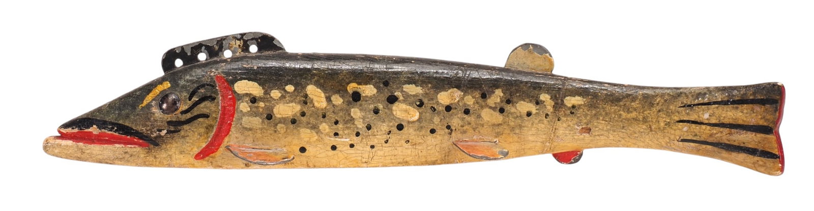 Oscar Peterson - Pike: Oscar W. Peterson (1887-1951) Cadillac, MI c.late 1930's 7" long Carved mouth with carved gills. Two lead chambers in underside. Painted tack eyes. Peterson was a highly influential American folk