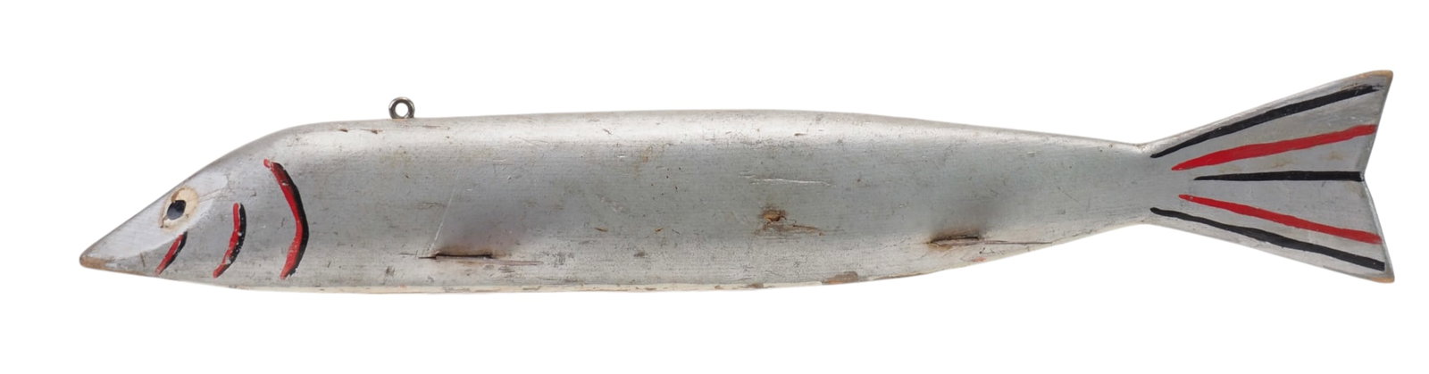 Frank Mizera - Extra Large Shiner Decoy: Frank Mizera (1898-1969) Ely, MN 11.25" long | 1" wide | 1.5" tall Very rare for its size, with most of his "large" fish being in the 9" range. Raised painted eyes with four applied metal