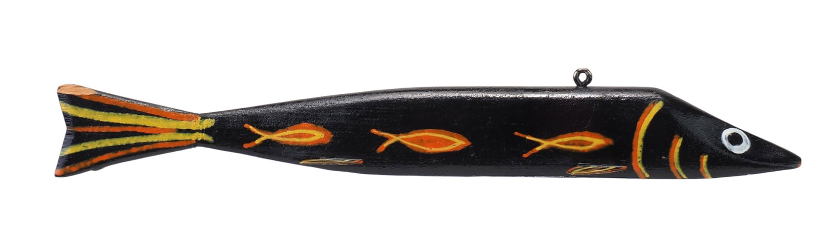 Frank Mizera - Black Fish with Orange and Yellow: Frank Mizera (1898-1969) Ely, MN 8.5" long | .5" wide | 1" tall Black body with Mizera's desirable "fish on fish" pattern with three fish on each side. Scalloped face with raised eyes and brightly