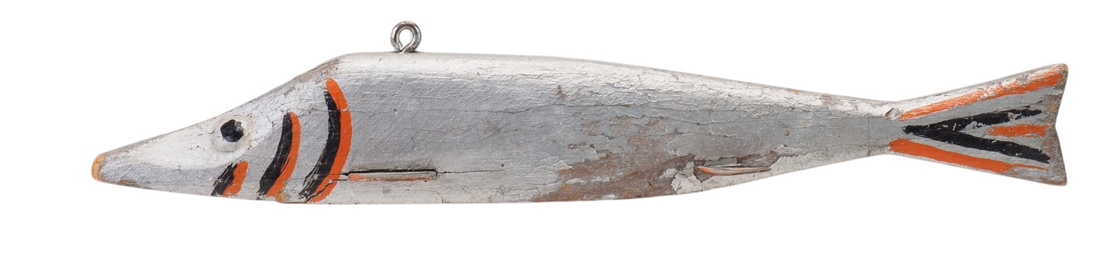 Frank Mizera - Silver Minnow Black and Orange Accents: Frank Mizera (1898-1969) Ely, MN 5.75" long Outfitted with drilled holes meant to hold hooks to modify the lure as either a jig or to be used as a "cheater" to snag fish. Condition: Original paint