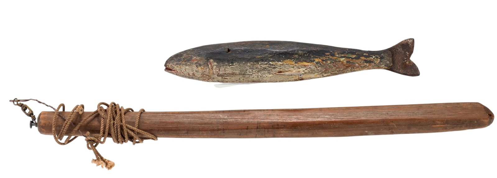 Lake Chataqua Trout with Jigging Stick: Unknown Lake Chautauqua 6.75" long | .75" wide | 1.25 tall | 11.75" jig stick Shoulder drilled line tie with an open mouth and carved gills. Spearing on Lake Chautauqua was banned in 1905, making