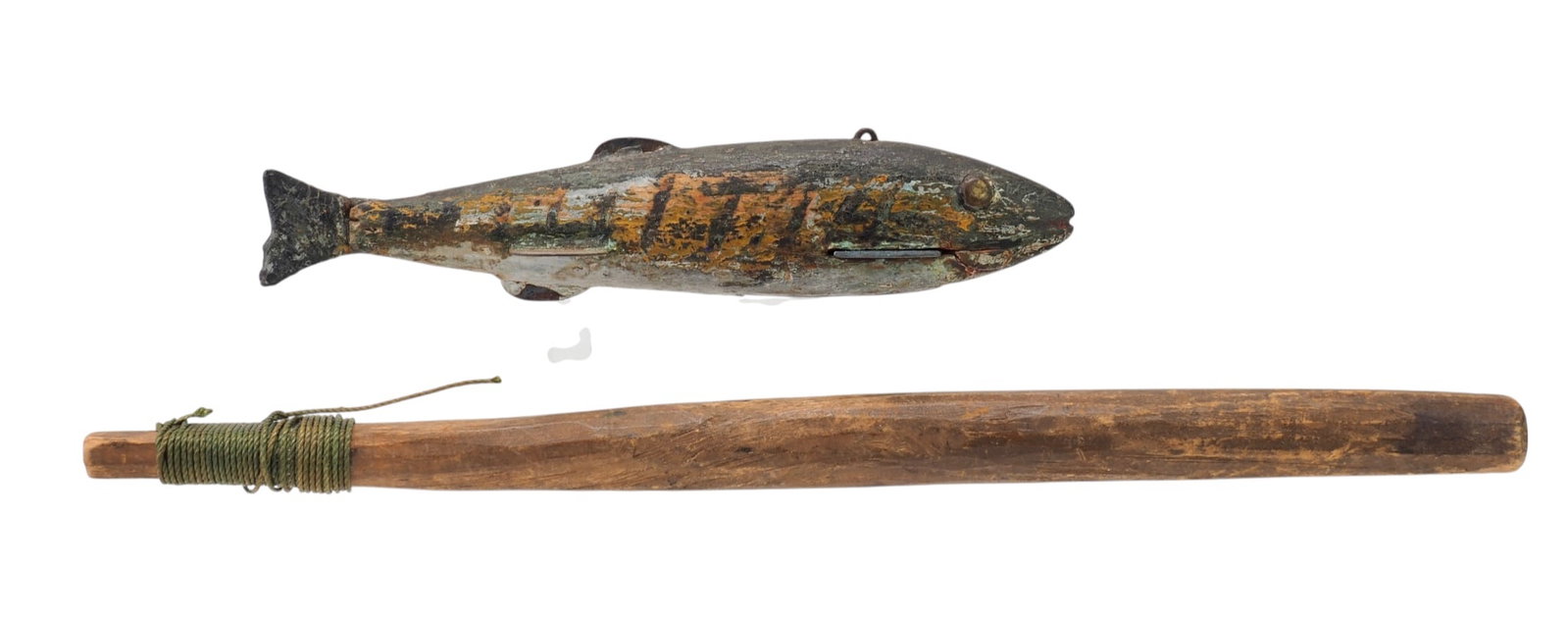 Lake Chautauqua Chataqua Fish Decoy with Jig Stick: Unknown Lake Chautauqua 6.125" long | .75" wide | 1.25 tall | 11.75" jig stick Seymour style fish with fairly rare carved hatching on the sides. Small carved mouth and gill with typical leather tail
