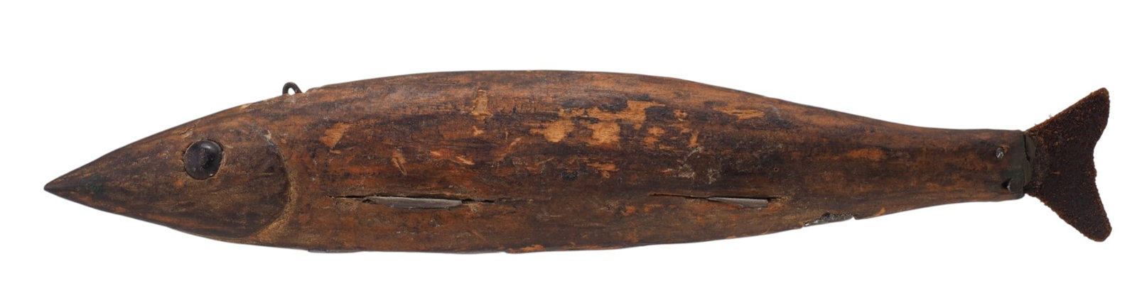 Lake Chataqua Bare Wood Fish Decoy: Unknown Chautauqua 6.5" long Bare wood fish with tack eyes. Condition: Original with even wear from use. Tail is replaced.