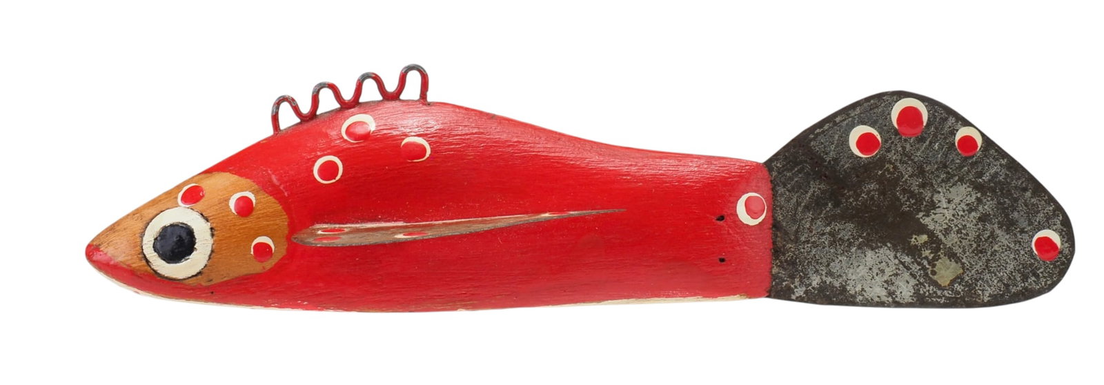 Leroy Howell - Dotted Red Fish: Leroy Howell (1898-1988) Hinkley, MN 5.125" long | .5" wide | 1.125" tall Natural wood face with pencil gills on a red painted body. Body and fins are covered in 30 white and red dots with numerous