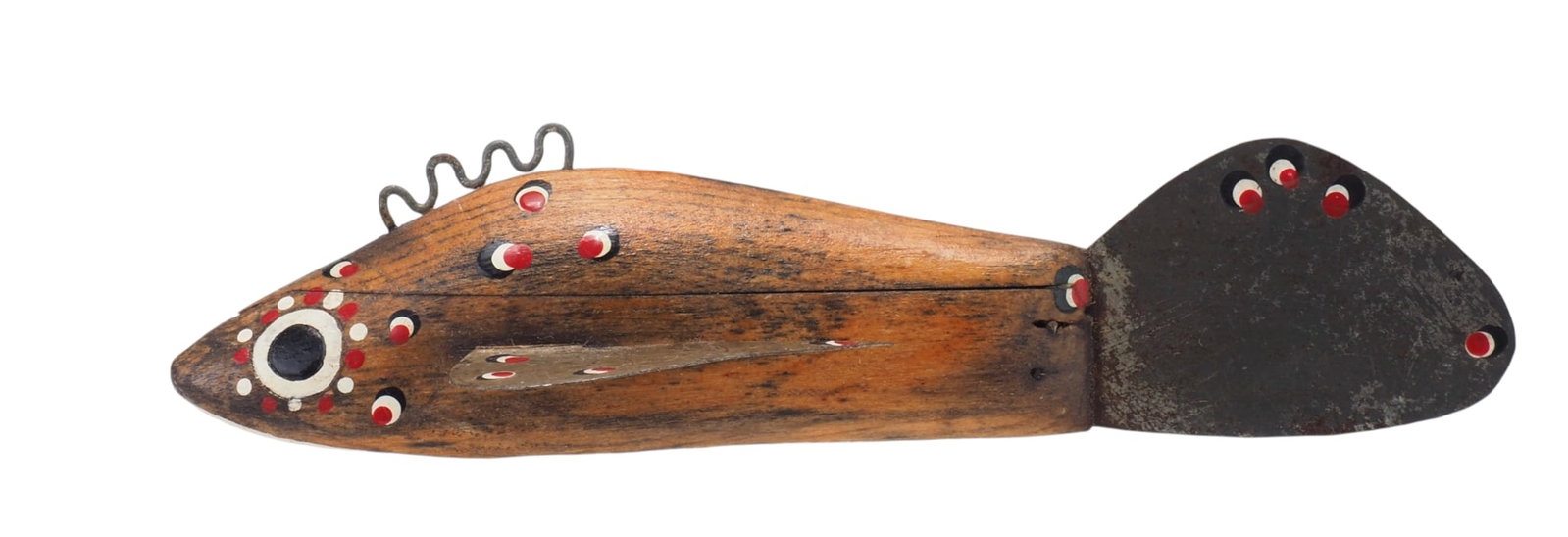 Leroy Howell - Natural Wood Flower Fish: Leroy Howell (1898-1988) Hinkley, MN 5" Smaller and rare bare natural wood decoy with incised eyes and pencil drawn gills. Body, gills, and tail fin have various black white and red flowers. "Leroy