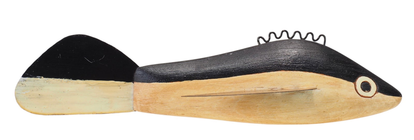 Leroy Howell - Black and White Fish Decoy: Leroy Howell (1898-1988) Hinkley, MN 7.25" long | 1.125" wide | 1.625" tall Fat black and white fish with Howell's classic incised eyes. Large fins are left gold on top and painted black on the