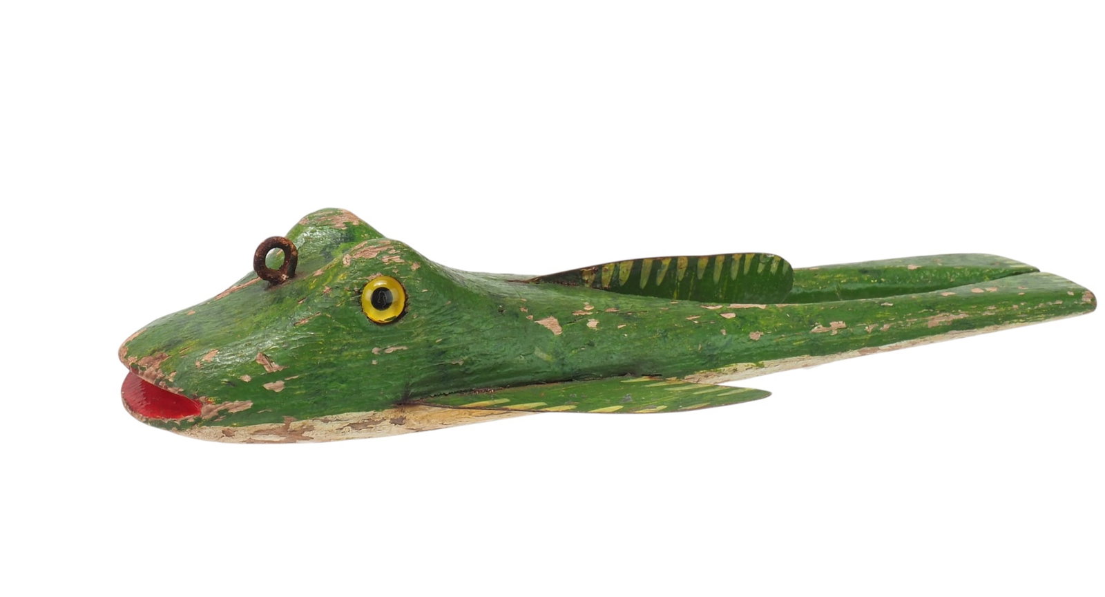 Green Frog Decoy: Unknown maker c. mid 21st century 7.5" long Glass eye frog with unique metal tail Condition: Original with moderate paint flaking across body