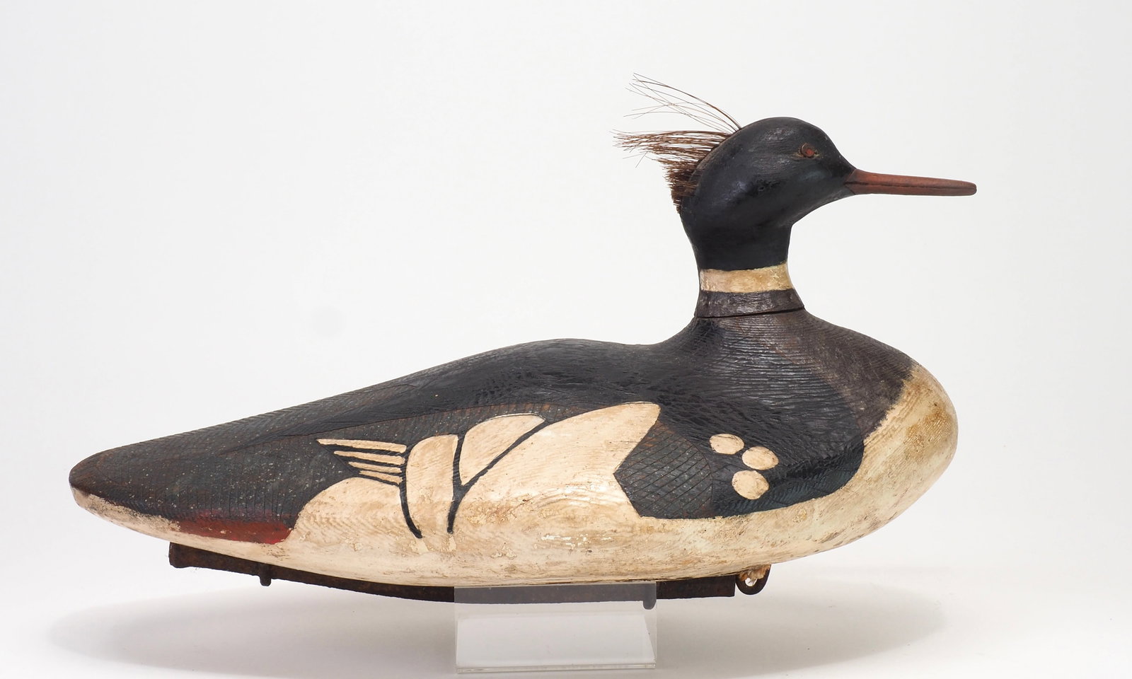 Amos Blackburn - Redbreasted Merganser Drake: Amos Blackburn Maine, circa 1920-1930's 14.5" long Bold posture covered with numerous geometric incised feathering designs complimented with folk art paint design. Applied tack eyes with incised
