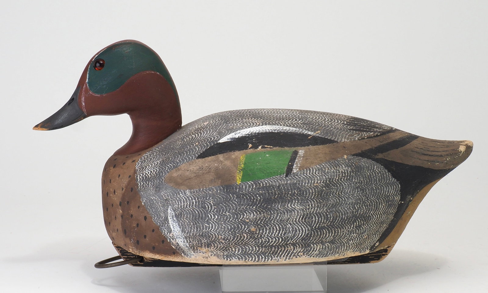 Ken Harris - Balsa Greenwing Teal Drake: Ken Harris (1905-1981) Woodville, NY 13" Large balsa body with pine or tupelo head and keel. Glass eyes with carved bill details and comb feathering on the body. From a recent attic discovery in
