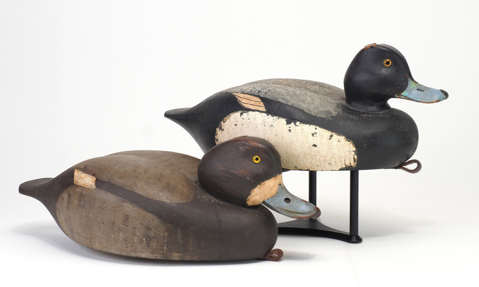 Bill Joeckel - Bluebill Pair Personal Rig: William "Bill" Joeckel (1921-2010) Islip Terrace, Long Island, NY 13.75" hollow carved Scarce pair of Joeckels early working birds. Hen branded Joeckel, Drake signed and dated 1950 and has Bill