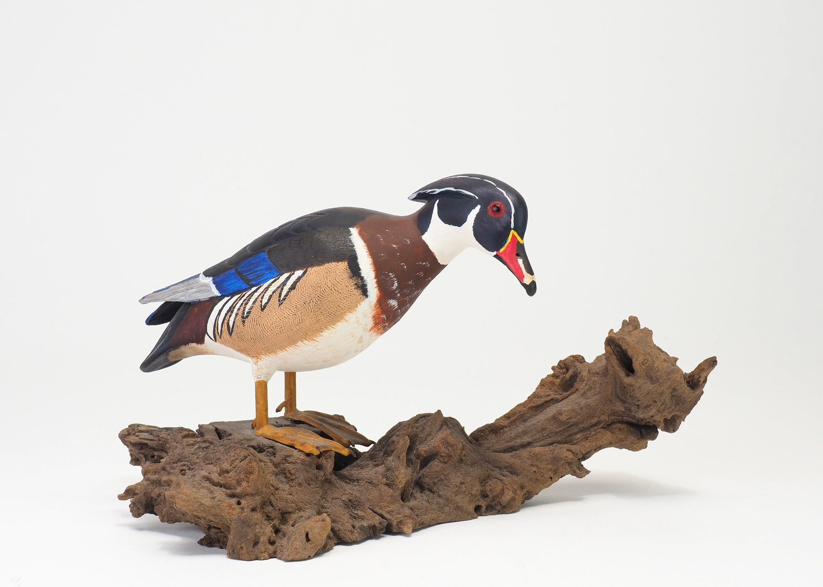 John Sharon - 1/3 Wood Duck Drake: John Sharon (1921-1998) Toledo, OH c.1960's Scene 9.75" long Sharon was a respected regional decoy carver whose work is particularly collected in the miniature-carving category. Sharon was included