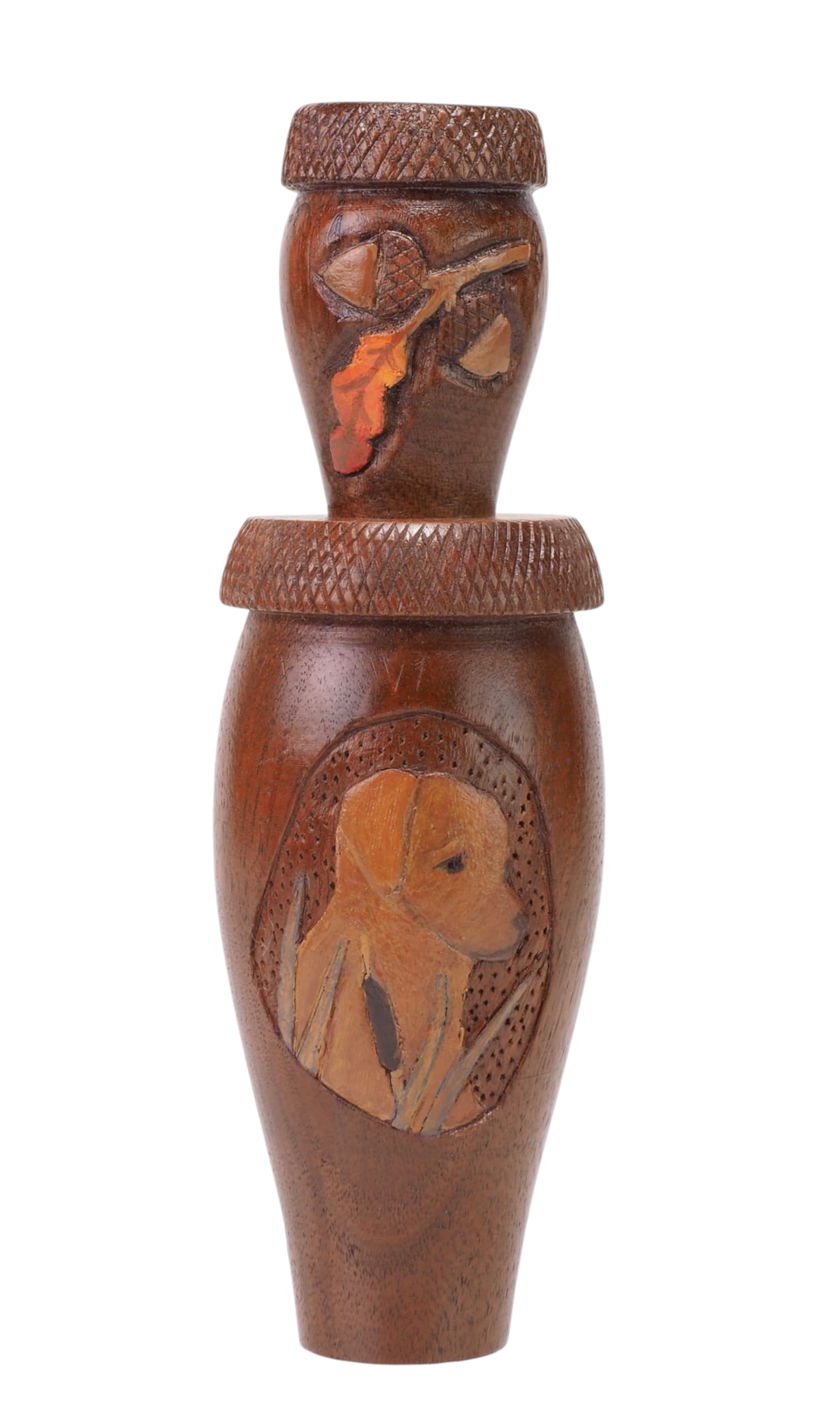 Gerald Crawford - Carved Call: Gerald Dale Crawford (1944-2017) Clarence, MO, 2001 6.25" long Checkered barrel and insert exhaust with the insert having two acorn and oak leaf scenes and the barrel having a scene of flying pintails