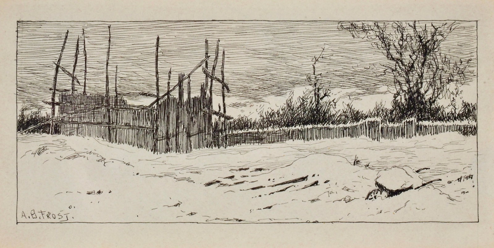 AB Frost - Ink on paper, untitled.: A.B. Frost (1851-1928)Ink on paperIllustration Roughly 2.5" x 6"Framed 10.75" x 14"Professionally reframed in 1988A. B. Frost (1851Ð1928) was one of America's foremost illustrators of the late