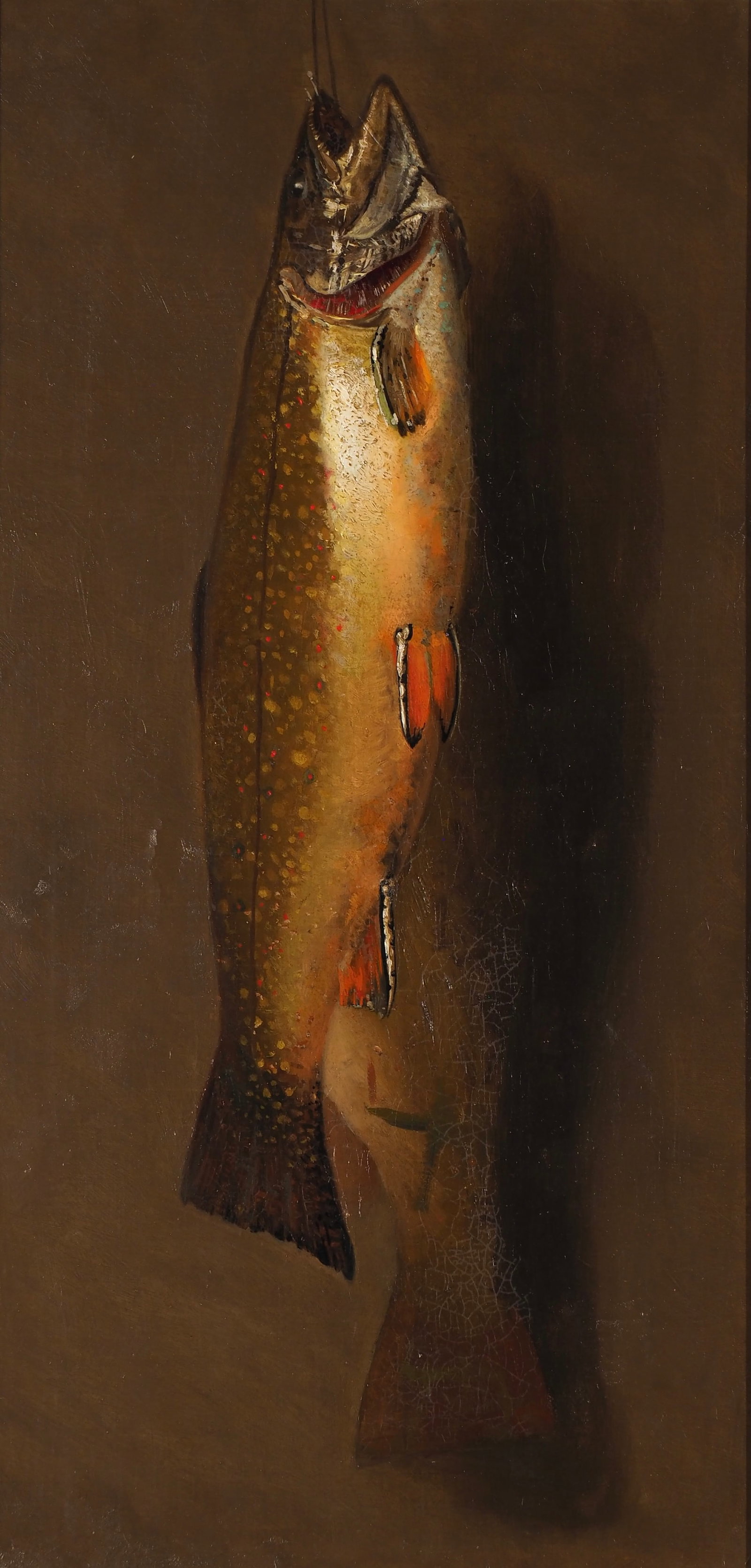 Unknown Artist/Unsigned - Hanging Fish: Unknown Artist Hanging Brook Trout Sight 23.5" x 11.5" Framed 27.5" x 15.5" oil on board Western Wildlife Gallery of San Francisco sticker on back of frame Note: Large paintings in this auction will n