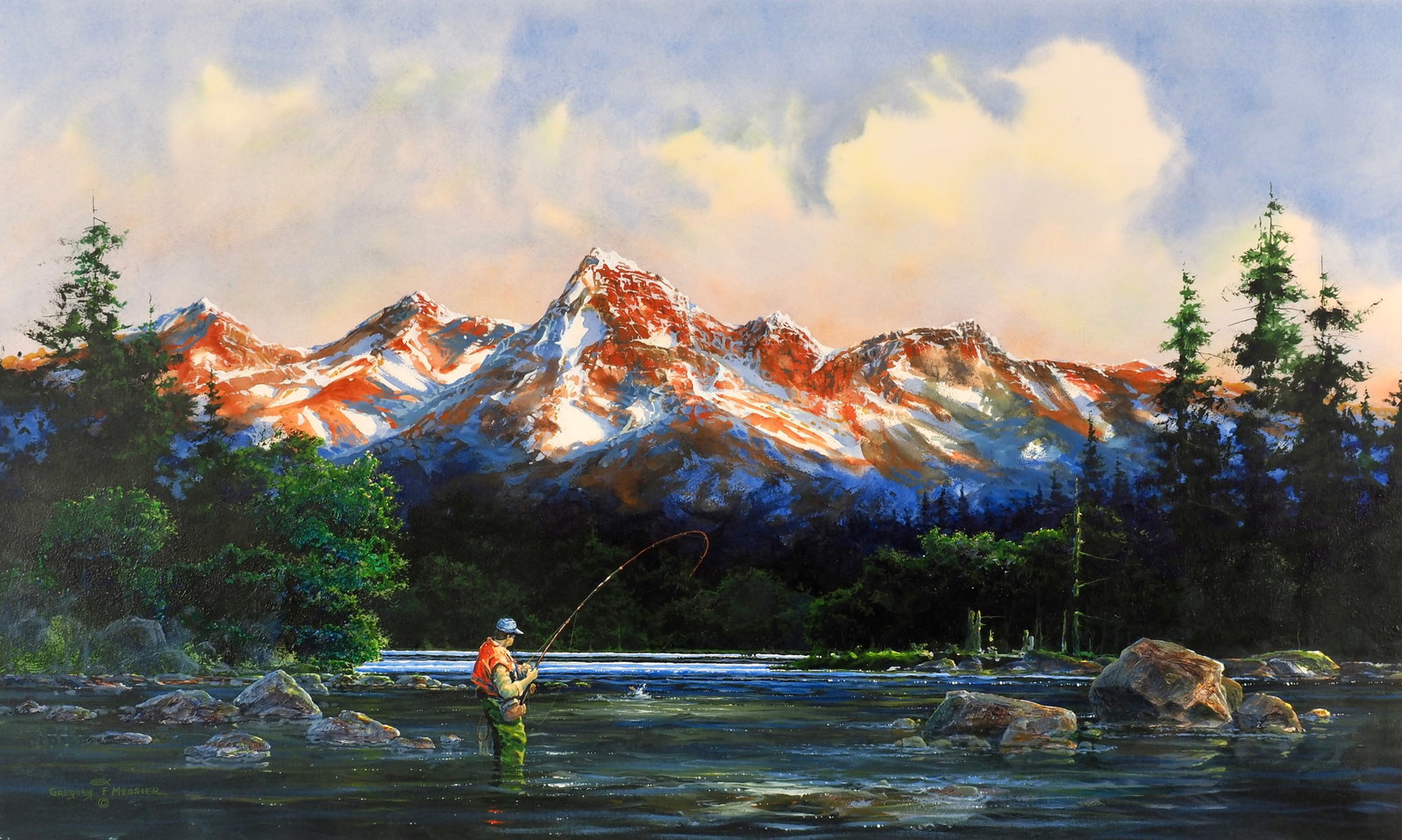 Gregory Messier - Fisherman in Western Stream: Gregory F. Messier (b.1950)Sight: 24.5" x 39"Frame: 34.75" x 50.25"WatercolorSigned bottom left in red.Messier is a New York wildlife artist known primarily for his paintings of waterfowl and other