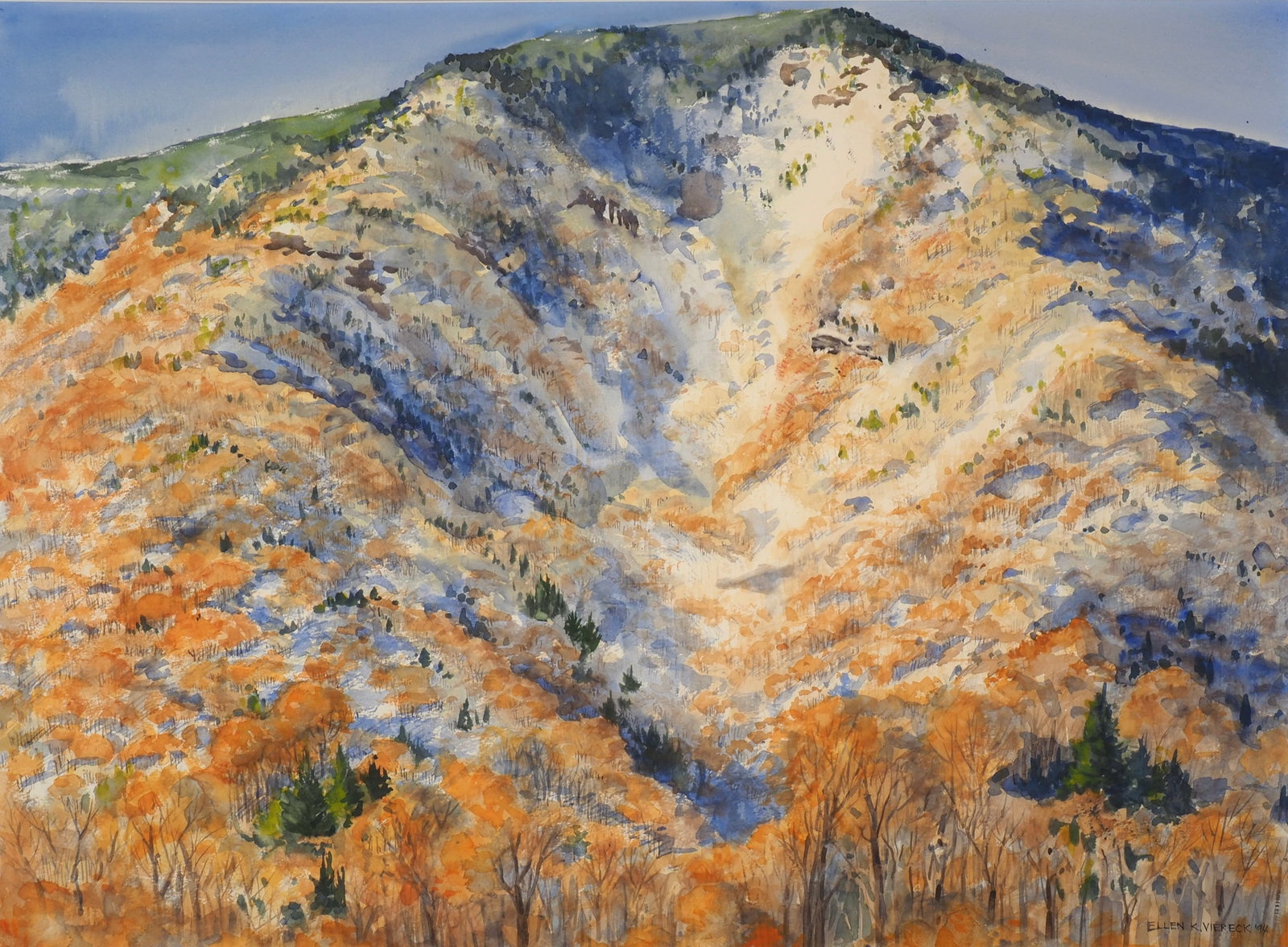 Ellen Viereck - Mount Equinox: Ellen Viereck Watercolor on paper, c.1994 Sight 21.5" x 29.5" Frame 30.75" x 38.75" Large Fall foliage of a mountainside Note: Large paintings in this auction will need to be safely packed and