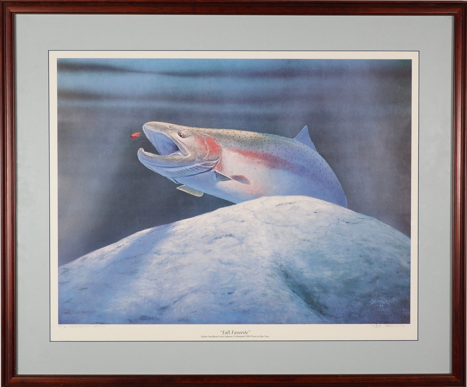 Jack Datisman - Fall Favorite: Jack Datisman Lithograph, conservation edition 29/30, 1985 (F 31x26 I 24.5x19.25) Deposit #2580 Idaho Steelhead and Salmon Unlimited 1995 Print of the Year Note: Large paintings in this auction will